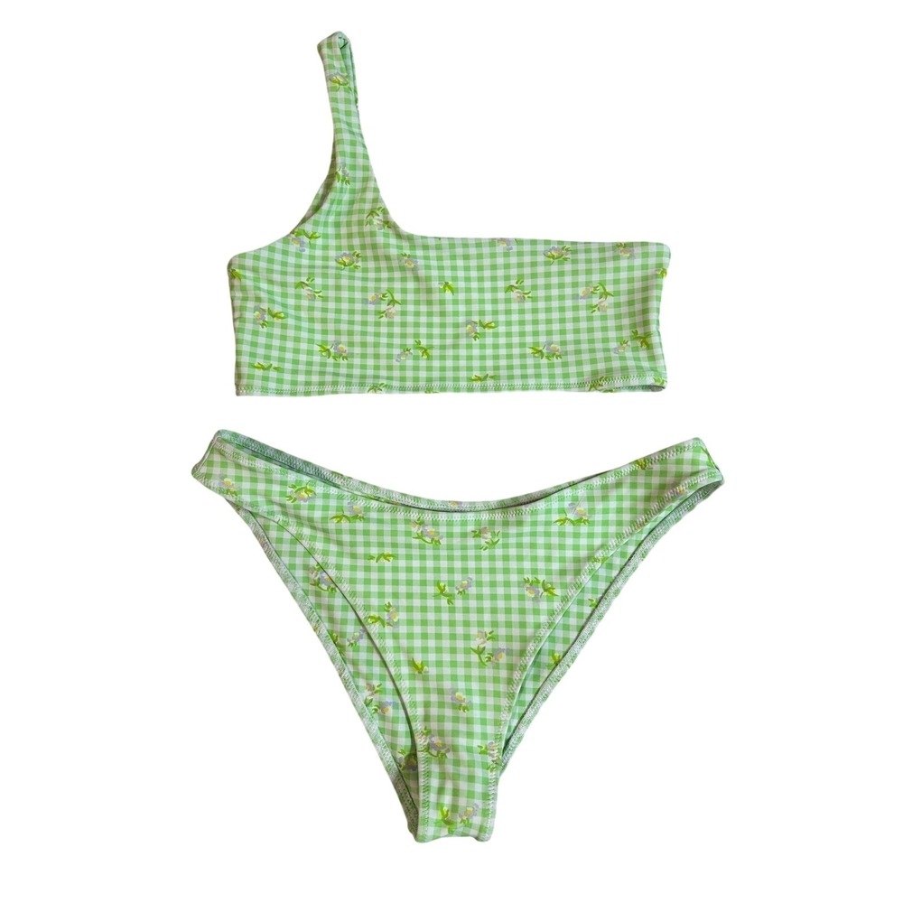 Koana Swim Green Gingham Floral One Shoulder Bikini Set M/L